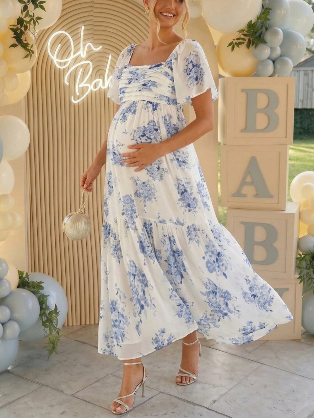 Blue And White Women's Maternity Square Neck Short Sleeve Floral Print Dress